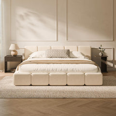 RECCI Cloud King Upholstered Platform Bed Frame, Low Profile Grounded Design with Plush Headboard & Footboard, Wood Slat Support, Noise-Free, No Box Spring Required, Beige