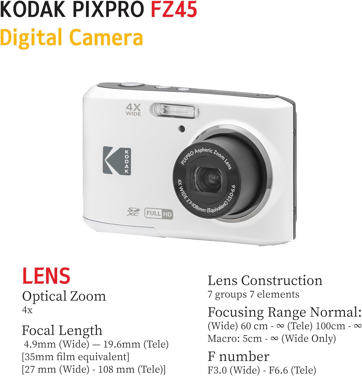 KODAK PIXPRO FZ45 16MP Digital Camera with 4X Optical Zoom 27mm Wide Angle and 2.7" LCD Screen Bundle with 32GB SD Memory Card  AA Batteries (4 Pack)  Lens Cleaning Cloth (White)