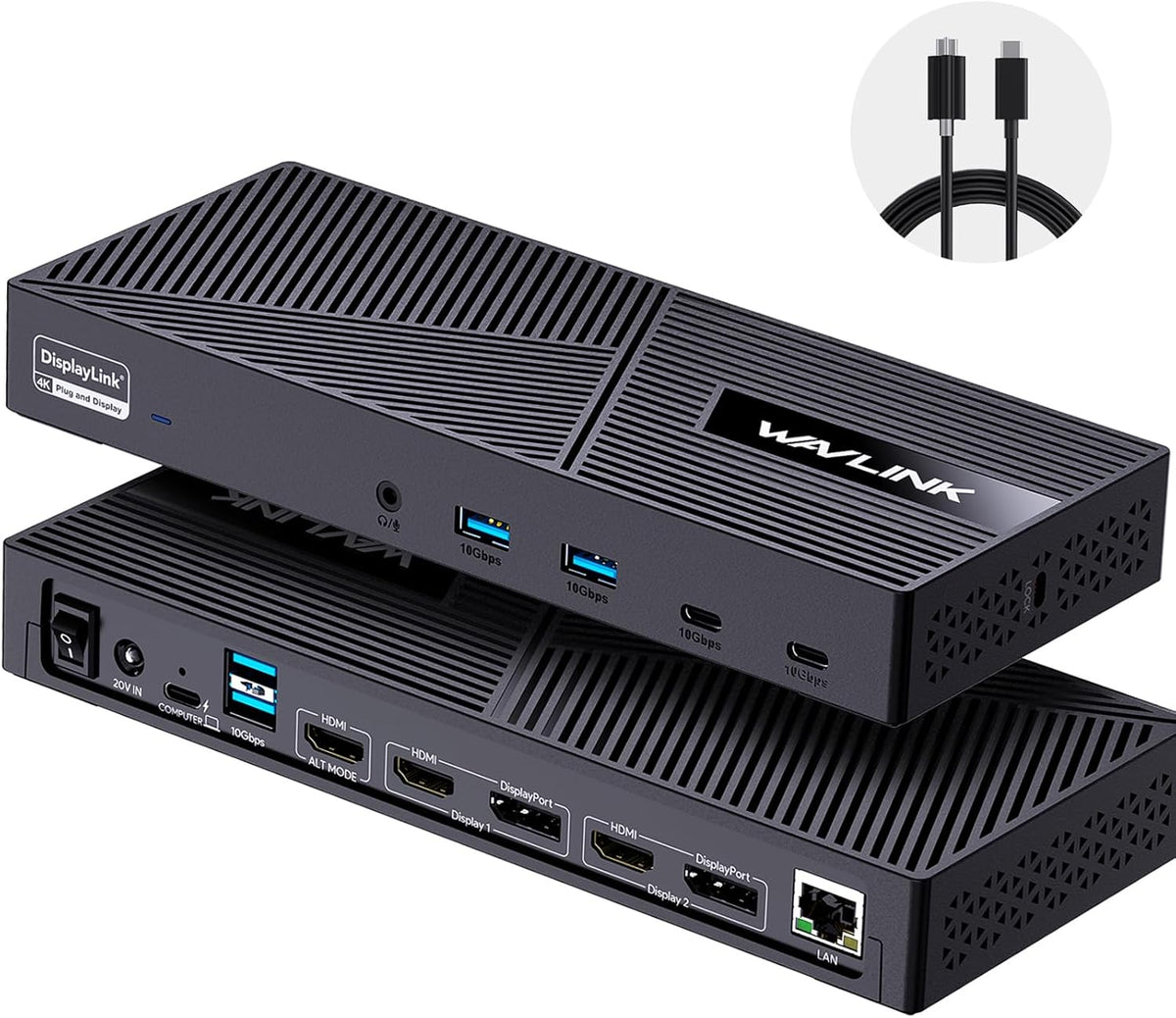 WAVLINK Displaylink Docking Station 3 Monitors with 130W Power Delivery  10Gbps USB for MacBook M1/M2/M3/Windows  USB-C(3 HDMI  2 DisplayPort  2 USB-C  4 USB3.1  Ethernet  Audio)