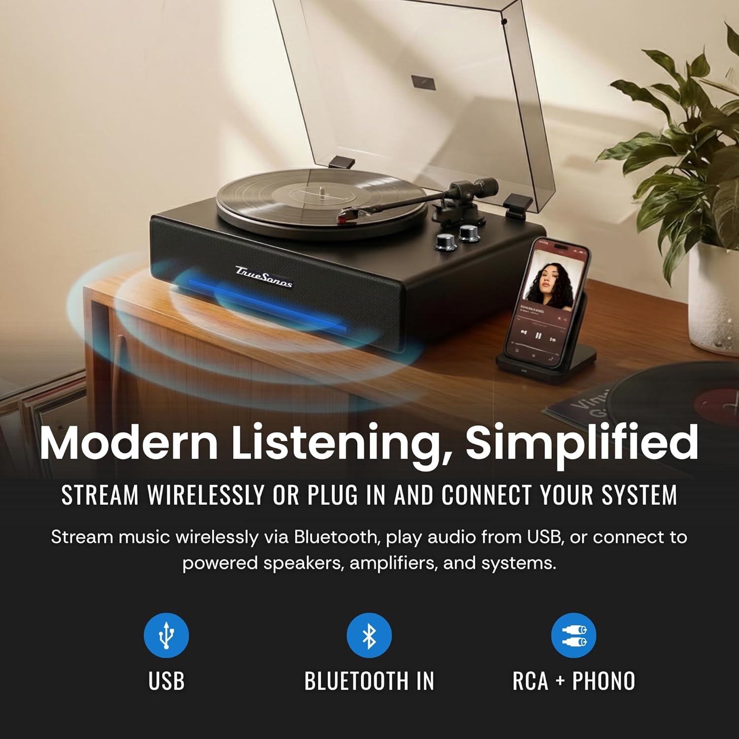 Hi-Fi Record Player with Speakers | Premium Vinyl Turntable with Bluetooth Capability | Built-in 4-Speaker Stereo System for Music Fans  Black Veneer + Black Trim