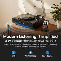 Hi-Fi Record Player with Speakers | Premium Vinyl Turntable with Bluetooth Capability | Built-in 4-Speaker Stereo System for Music Fans  Black Veneer + Black Trim