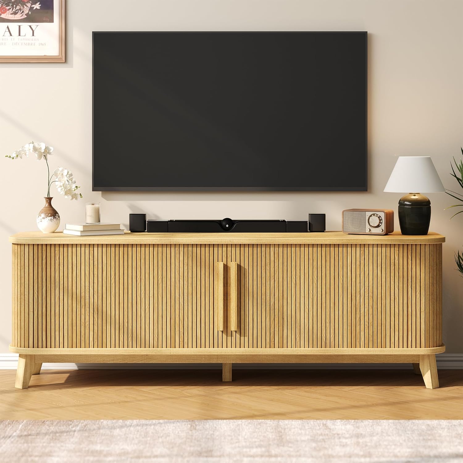 66" TV Stand for TVs up to 80", Mid-Century Modern Entertainment Center, TV Console with Storage Cabinet and Adjustable Shelves, Wood Curved Media Console with Sliding Door for Living Room,Natural Oak