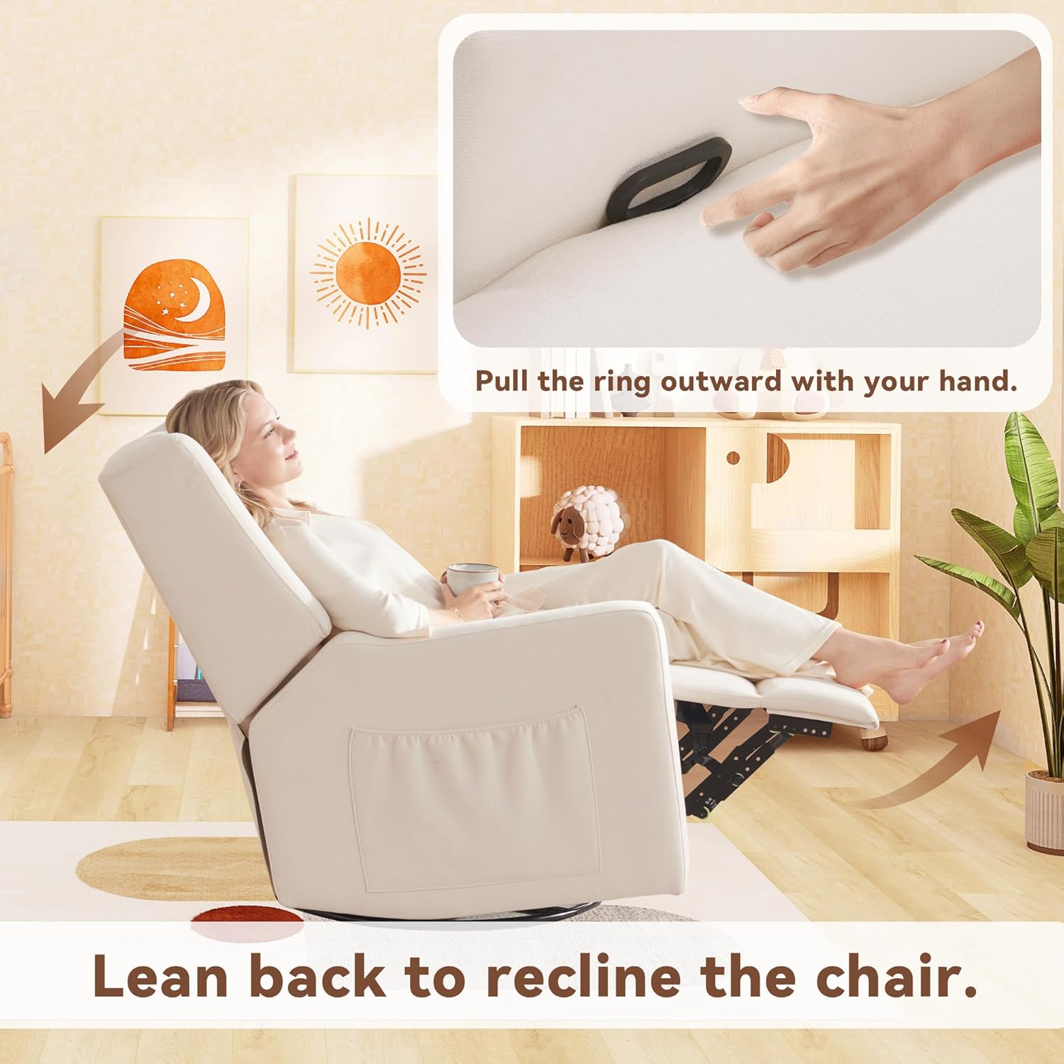 Tbfit 360° Swivel Recliner Chair,Nursery Rocking Chair with Lumbar Support for Bedroom, Comfy Upholstered Armchair with Pillows & Footrest for Living Room (Hidden Ring Handle, Beige)