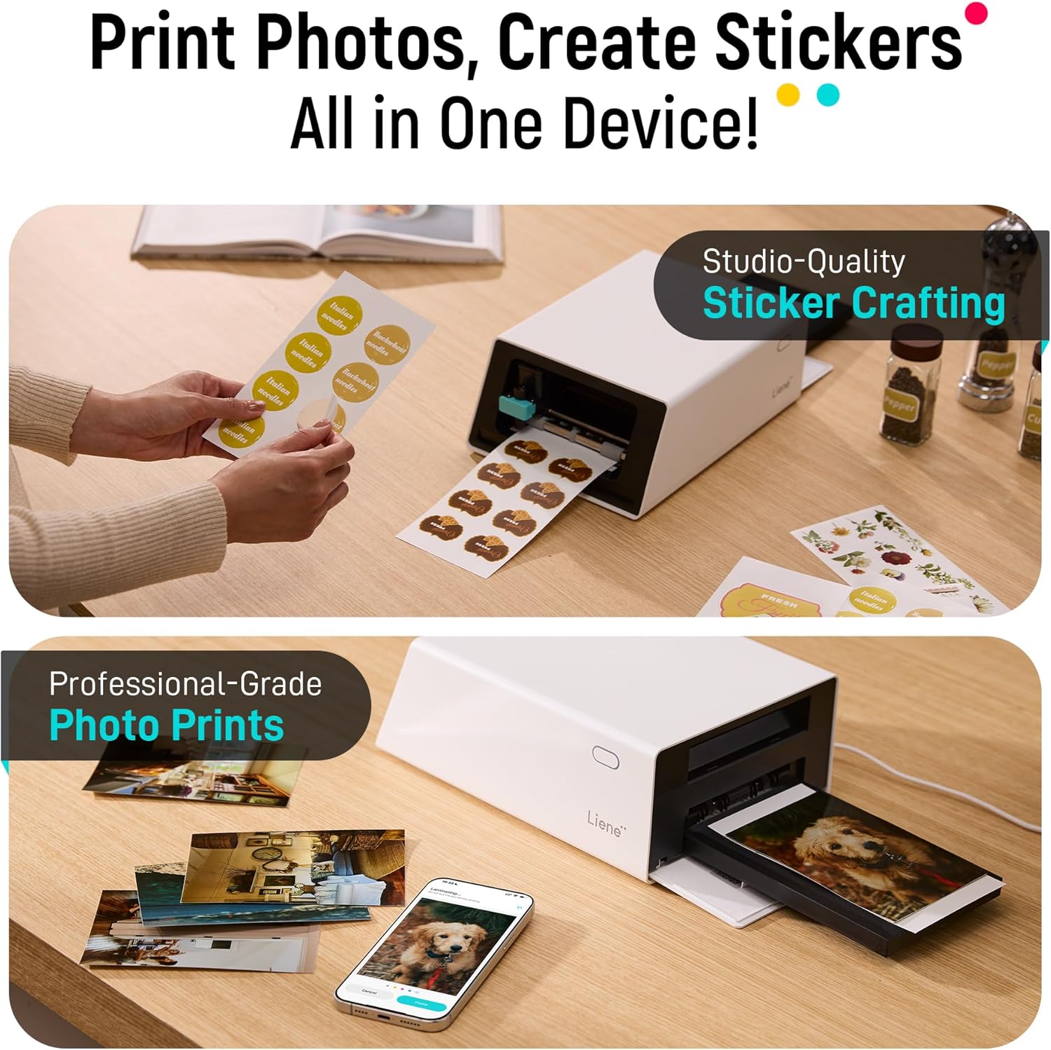 Liene PixCut S1 Color Sticker Printer & Cutting Machine - All-in-One Sticker Maker for DIY Crafts  Custom Labels & Gifts. Thermal Dye-Sublimation Photo Printer  300 DPI  Precise AI Auto-Cutting