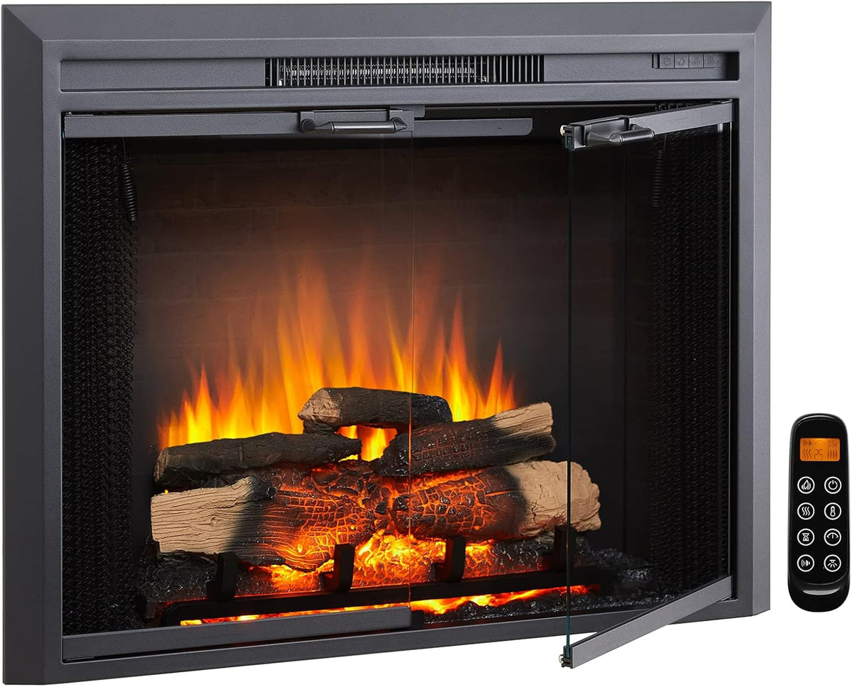 LegendFlame® Damon 35" W Electric Fireplace Insert with Glass Door and Mesh Screen (EF264B), Fireplace Heater 750/1500W, Fire Crackling Sound, Remote Control.