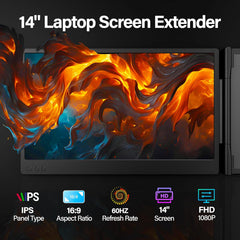 2025 Upgraded Laptop Screen Extender Portable  14" 1080P FHD IPS Screen  Monitor Extender for Laptop  Fit for 13-17"  Plug & Play Compatiable with Windows/Mac/Chrome/Android/Switch