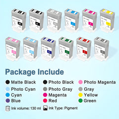 PFI106 Ink Cartridge Set PFI-106 Remanufactured Ink Tank for Canon imagePROGRAF iPF6300 iPF6300S iPF6350 iPF6400 iPF6400S iPF6400SE iPF6450 (12Pack  MBK BK PGY C M Y PM PC BL GR RED GY)