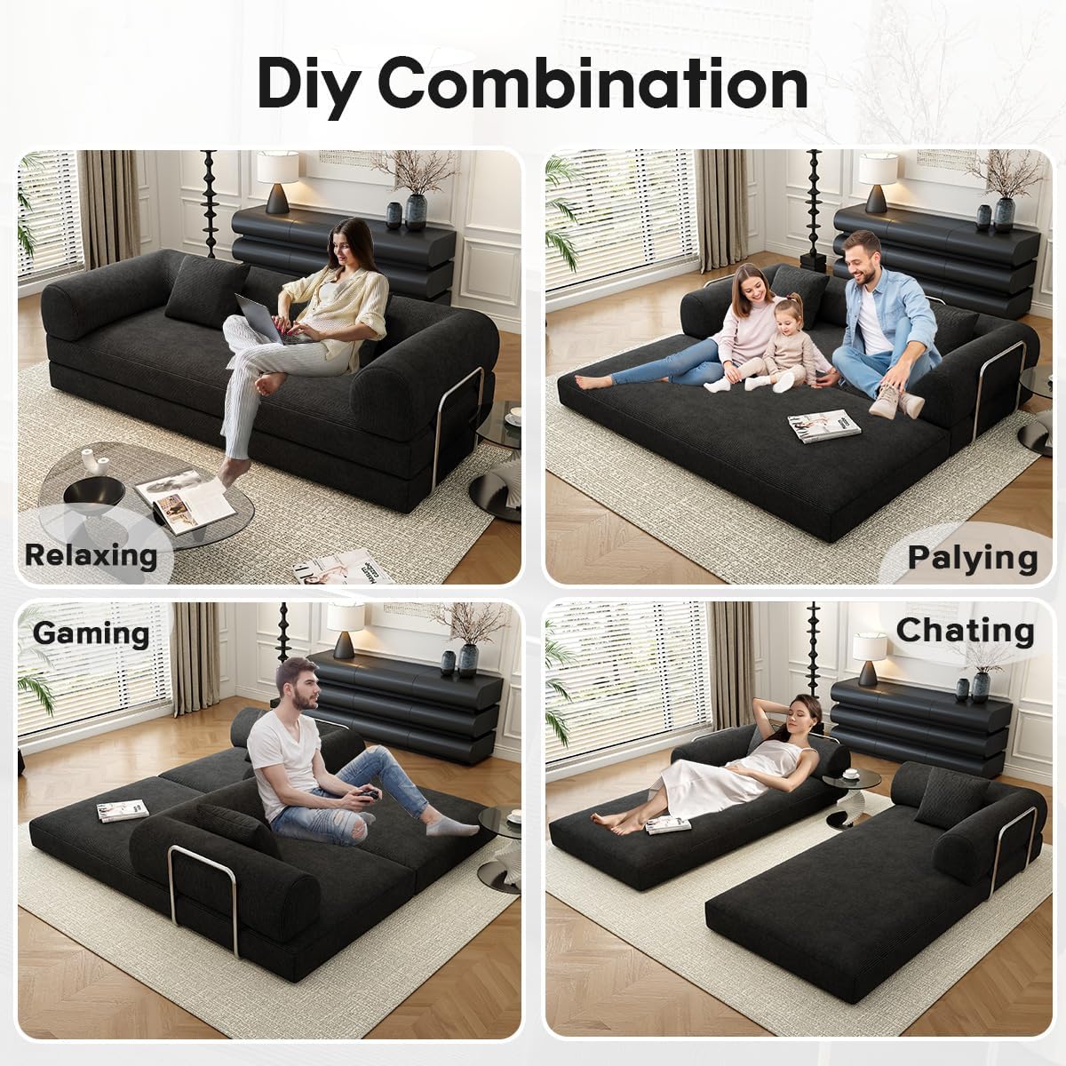 78.8" Modular Sofa Bed - 4-in-1 Convertible Design with Corduroy Fabric and High Density Sponge, Removable Cover and Fixed Frame