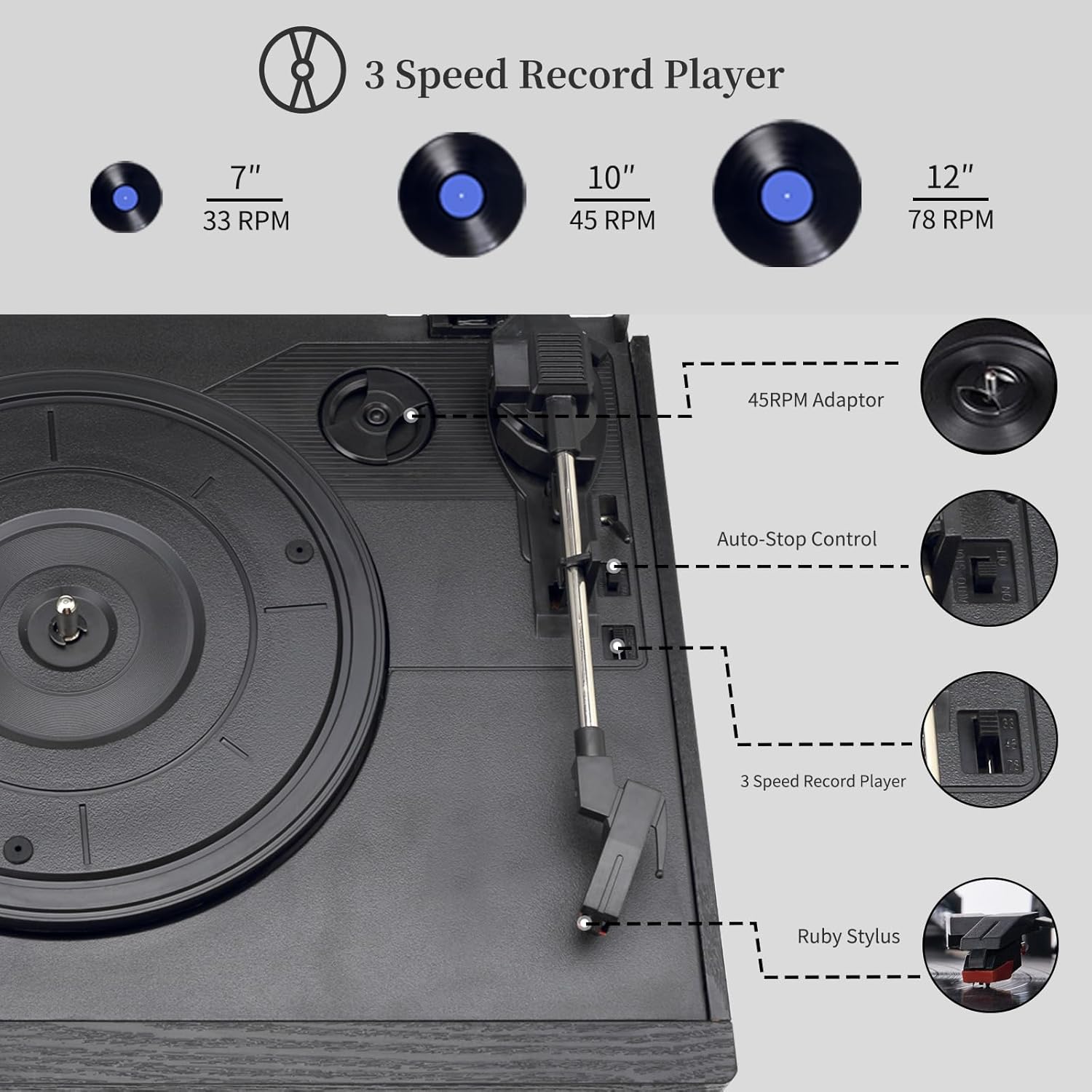 9 in 1 Record Player with External Speakers 3 Speed Bluetooth Turntable Vinyl Player with CD/Cassette Play AM/FM Radio  USB SD/MMC Play  Aux-in/RCA Line Out