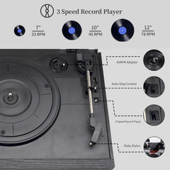 9 in 1 Record Player with External Speakers 3 Speed Bluetooth Turntable Vinyl Player with CD/Cassette Play AM/FM Radio  USB SD/MMC Play  Aux-in/RCA Line Out