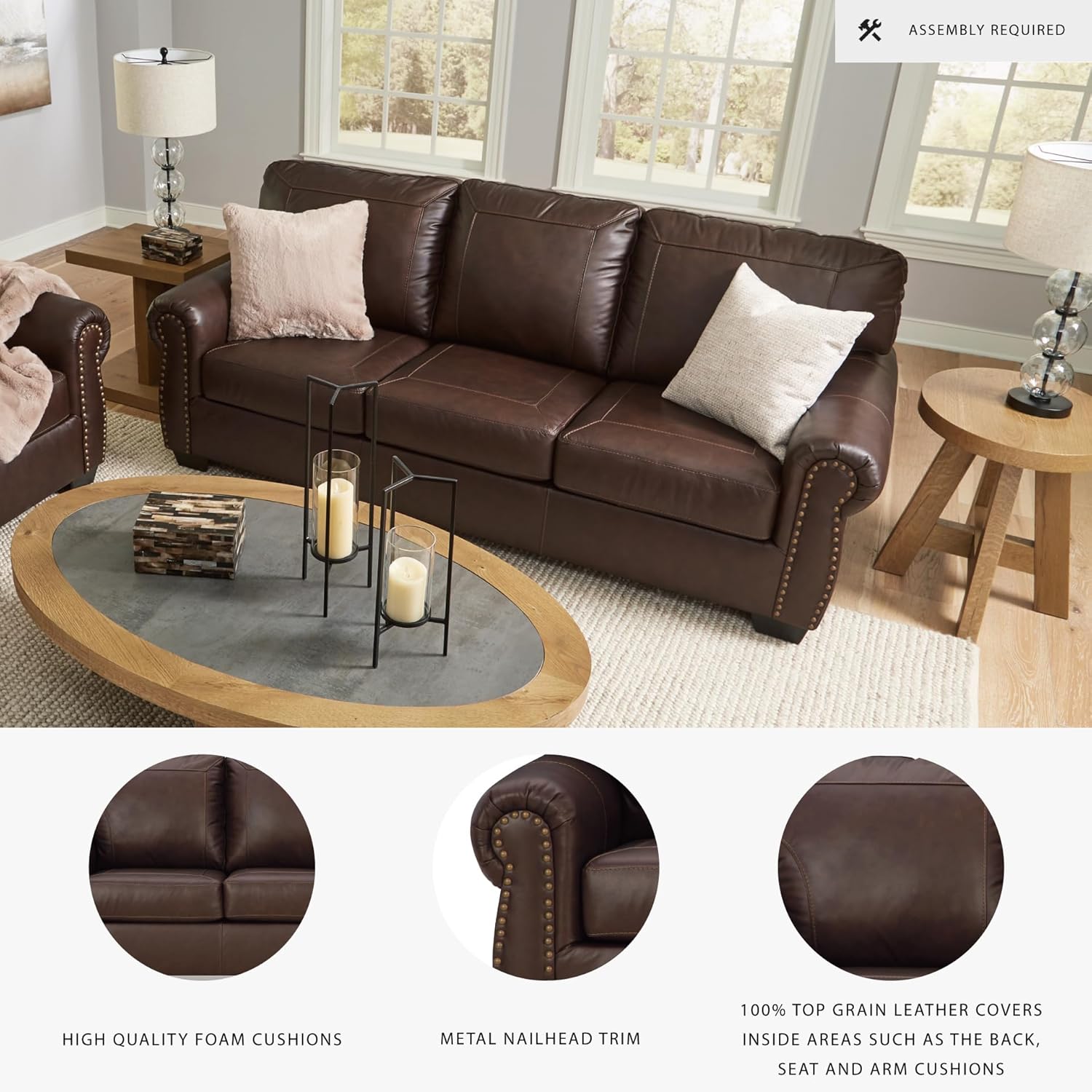 Signature Design by Ashley Colleton Classic Leather Match Sofa with Nailheads, Dark Brown