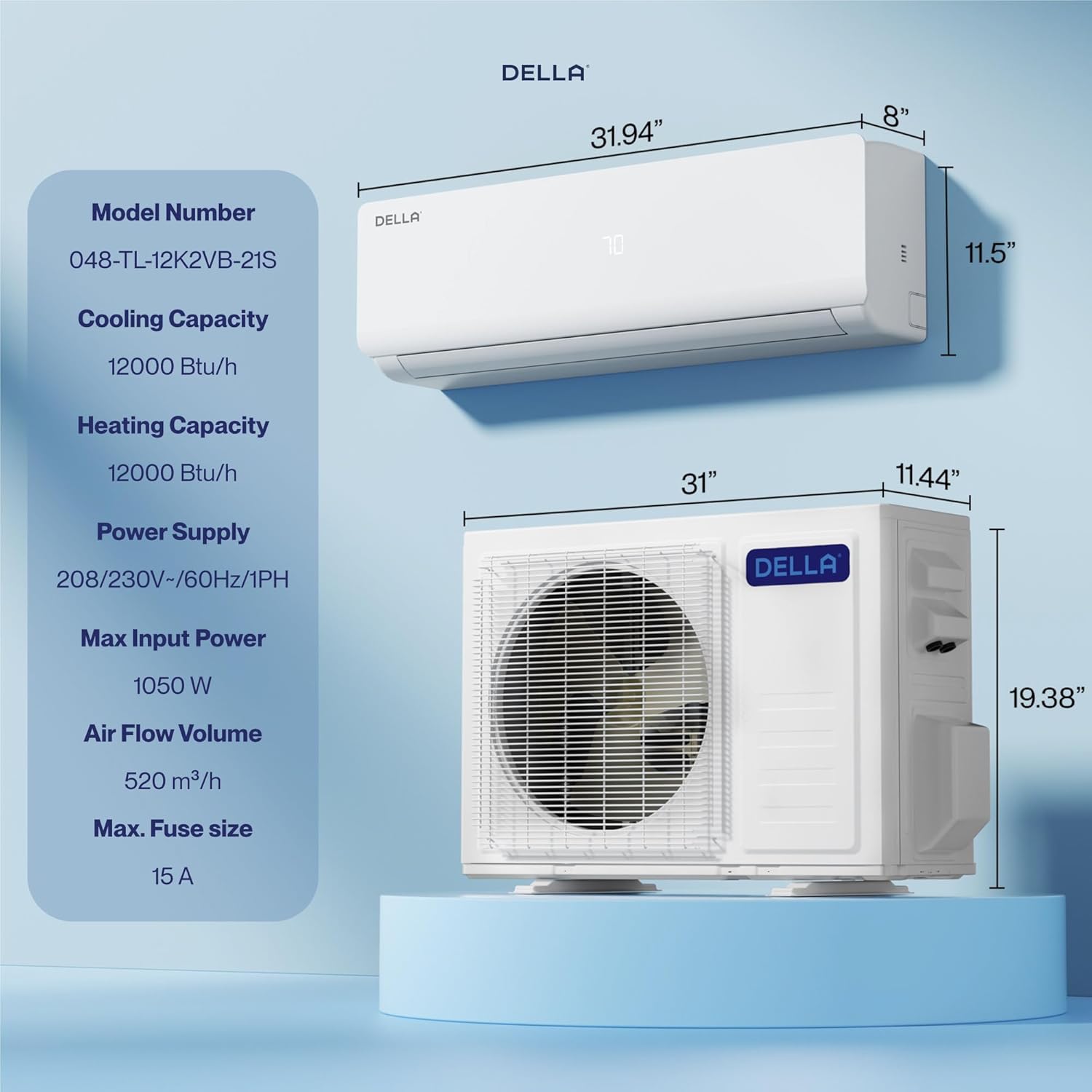 DELLA Vario Series 12000 BTU Mini Split Air Conditioner Work with Alexa with 1 Ton Pre-Charged Heat Pump Ductless Inverter System, 23 SEER2, Cools Up to 550 Sq. Ft,16.4ft Installation Kit Included