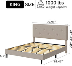 King Size Linen Bed Frame, Upholstered Platform Bed Frame with Adjustable Headboard, Wooden Slats Support, Easy Assembly, No Box Spring Needed, Beige