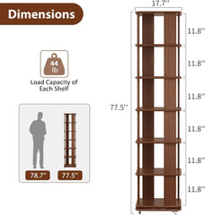 Solid Wood Rotating Bookshelf, 6-Tier Rolling Bookcase，360 Degree Revolving Bookshelf，Spinning Bookshelf Tower for Small Spaces, Bedroom，Office，Living Room，Classroom (Walnut)