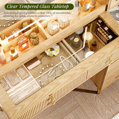 Vanity Desk with 35.12" HD Lighted Mirror, 46.85" Big Modern Vanity Desk with Mirror and Lights, Makeup Vanity with 7 Drawers and Storage Shelves and Charging Station, Oak