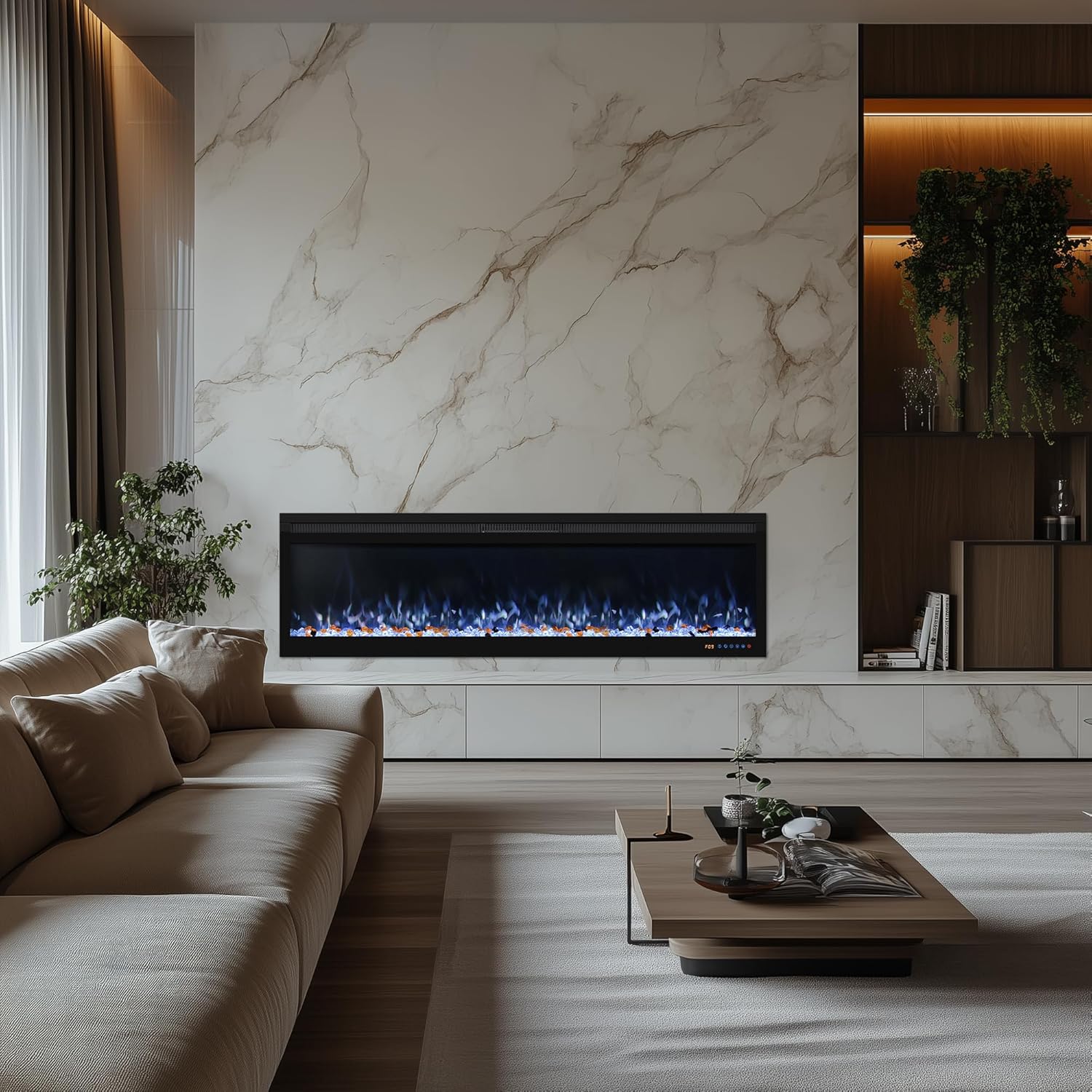 60 Inch Smart WiFi Infrared Electric Fireplace Realistic Flame, 169 Flame Color Combinations,App/Remote Control, Logs & Crystals,750W/1500W Heater, Black