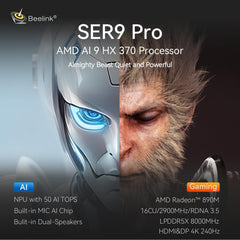 Beelink SER9 Pro AI Mini PC  AMD Ryzen AI 9 HX 370(80TOPS 12C/24T 5.1GHz)  32G LPDDR5X 8000MHz 1TB PCIe4.0 x4 SSD  AI PC AMD Radeon 890M NPU 50 AI Tops  Built-in MIC/Speakers/USB4/WiFi6/BT5.2/2.5G