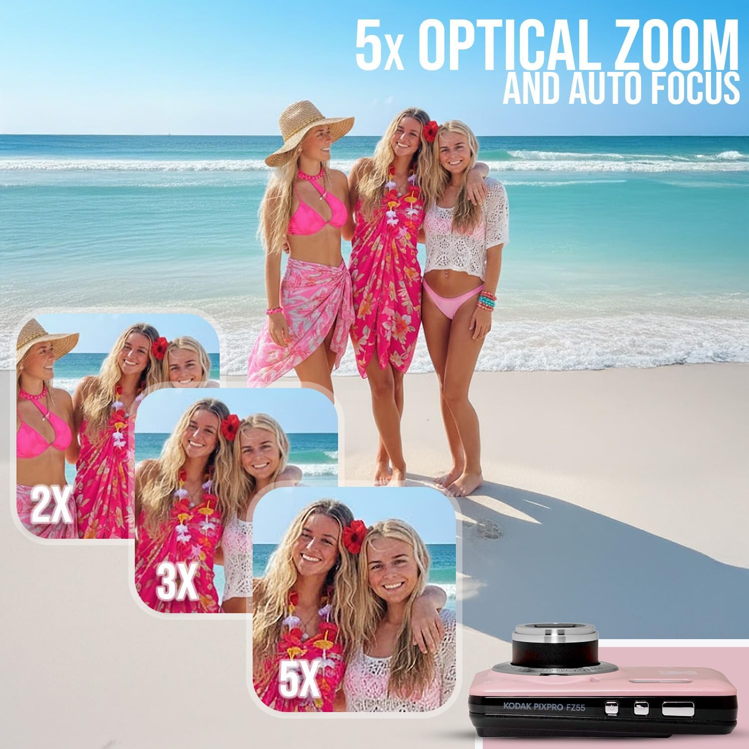 Kodak PixPro Friendly Zoom FZ55 16MP 1080p Full HD Digital Camera (Pastel Pink) Bundle with 128GB SD Card  Battery (2-Pack) and Travel Organizer (4 Items)