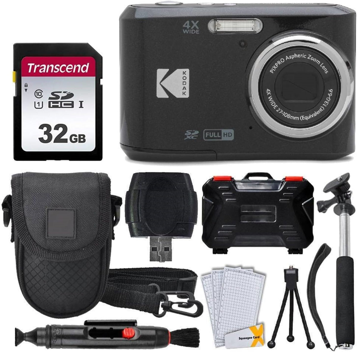 Kodak PIXPRO FZ45 Digital Camera  32GB Memory Card  Point and Shoot Camera Case  Extendable Monopod  Lens Cleaning Pen  LCD Screen Protectors  Table Top Tripod â€“ Ultimate Bundle (Black)