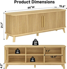 66" TV Stand for TVs up to 80", Mid-Century Modern Entertainment Center, TV Console with Storage Cabinet and Adjustable Shelves, Wood Curved Media Console with Sliding Door for Living Room,Natural Oak