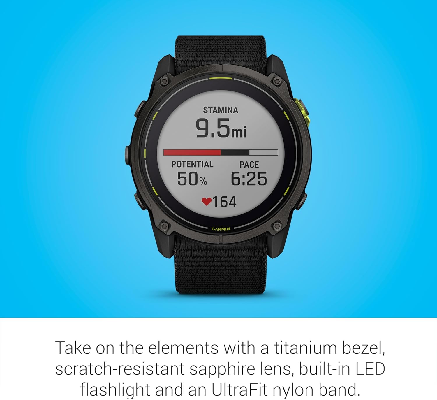 Garmin Enduro™ 3 – 51 mm  Solar  Sapphire  Ultraperformance GPS Smartwatch  Extreme Battery Life  Detailed Mapping  Built-in LED Flashlight  Carbon Gray DLC Titanium with Black UltraFit Nylon Strap