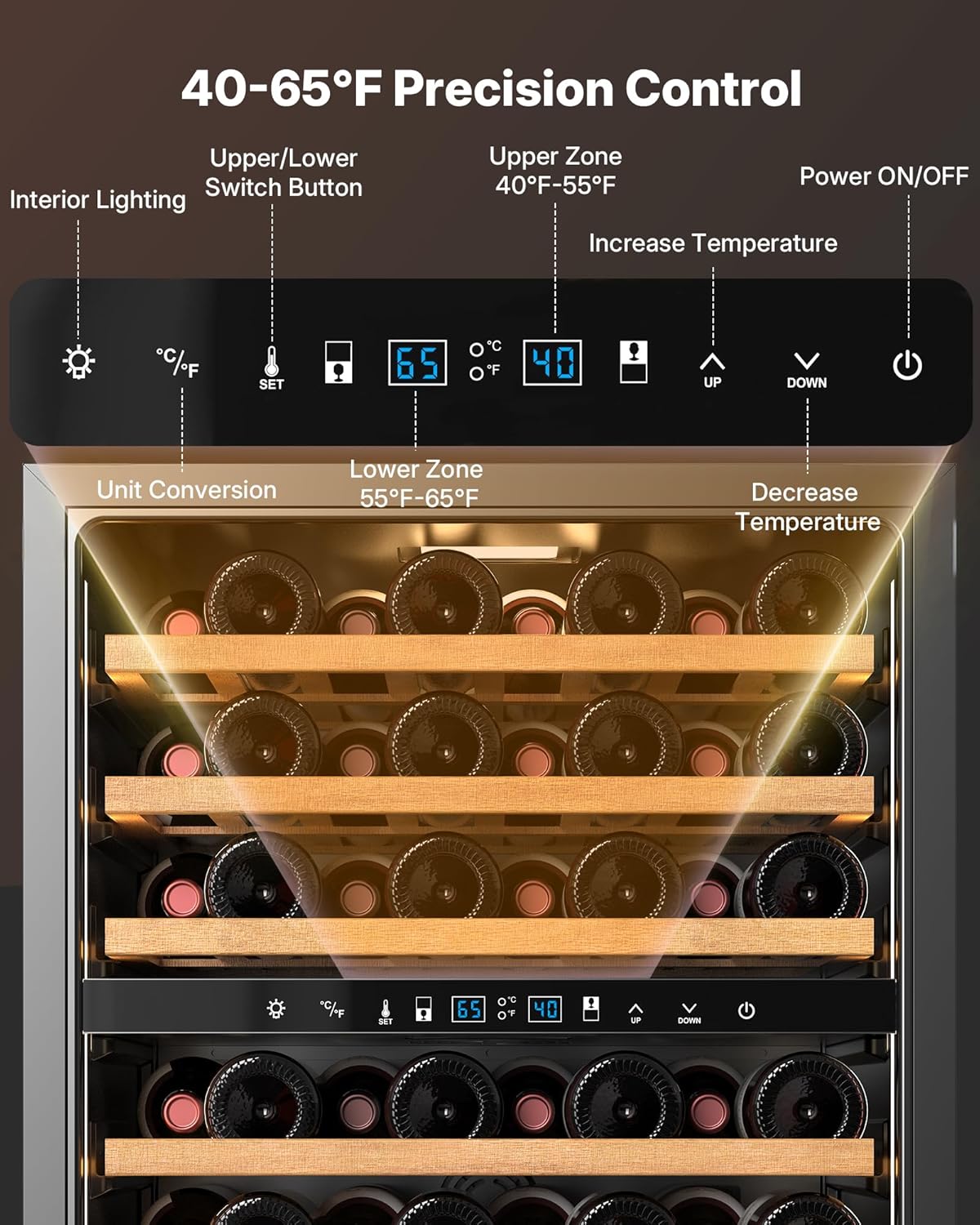 Upstreman 24 Inch Wine Fridge, 54 Bottles Dual Zone Wine Cooler Refrigerator, Small Built-in or Freestanding Wine Fridge with Stainless Steel Glass Door for Home, Office, or Kitchen, W54