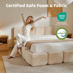 RECCI Cloud King Upholstered Platform Bed Frame, Low Profile Grounded Design with Plush Headboard & Footboard, Wood Slat Support, Noise-Free, No Box Spring Required, Beige