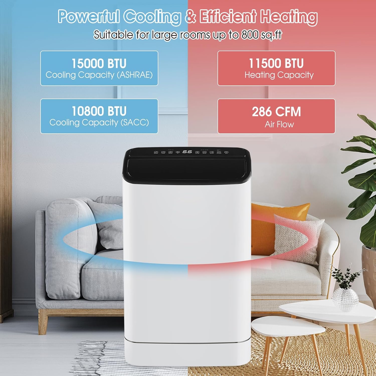 15000 BTU Portable Air Conditioner w/Heating, Dehumidifying, and Auto Swing Functions, APP/Remote Control, 24H Timer, with Window Installation Kit Included, Suitable for Spaces up to 800 Square Feet