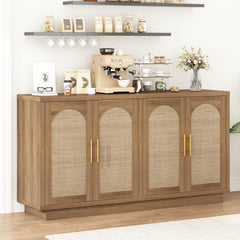 59-Inch Rattan Sideboard Buffet Cabinet, Farmhouse Storage Cabinets with Adjustable Shelves & 4 Arched Doors, Boho Credenza Coffee Bar Cabinet for Kitchen, Living Room, Entryway