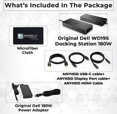 Dell WD19S Docking Station Dual Monitor Bundle - 180W  Supports 4K Display  Dell Dock with 180W Power Supply + Anyhdd 4K HDMI Cable + 4K DisplayPort Cable + USB-C Cable + Microfiber Cloth Included