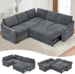 84" Chenille Modular Sofa Bed w/Adjustable Backrests, L-Shape Sleeper Sofa w/USB Ports & Storage Space, Convertible Corner Sectional Couch w/Pull Out Bed for House, Living Room, Grey