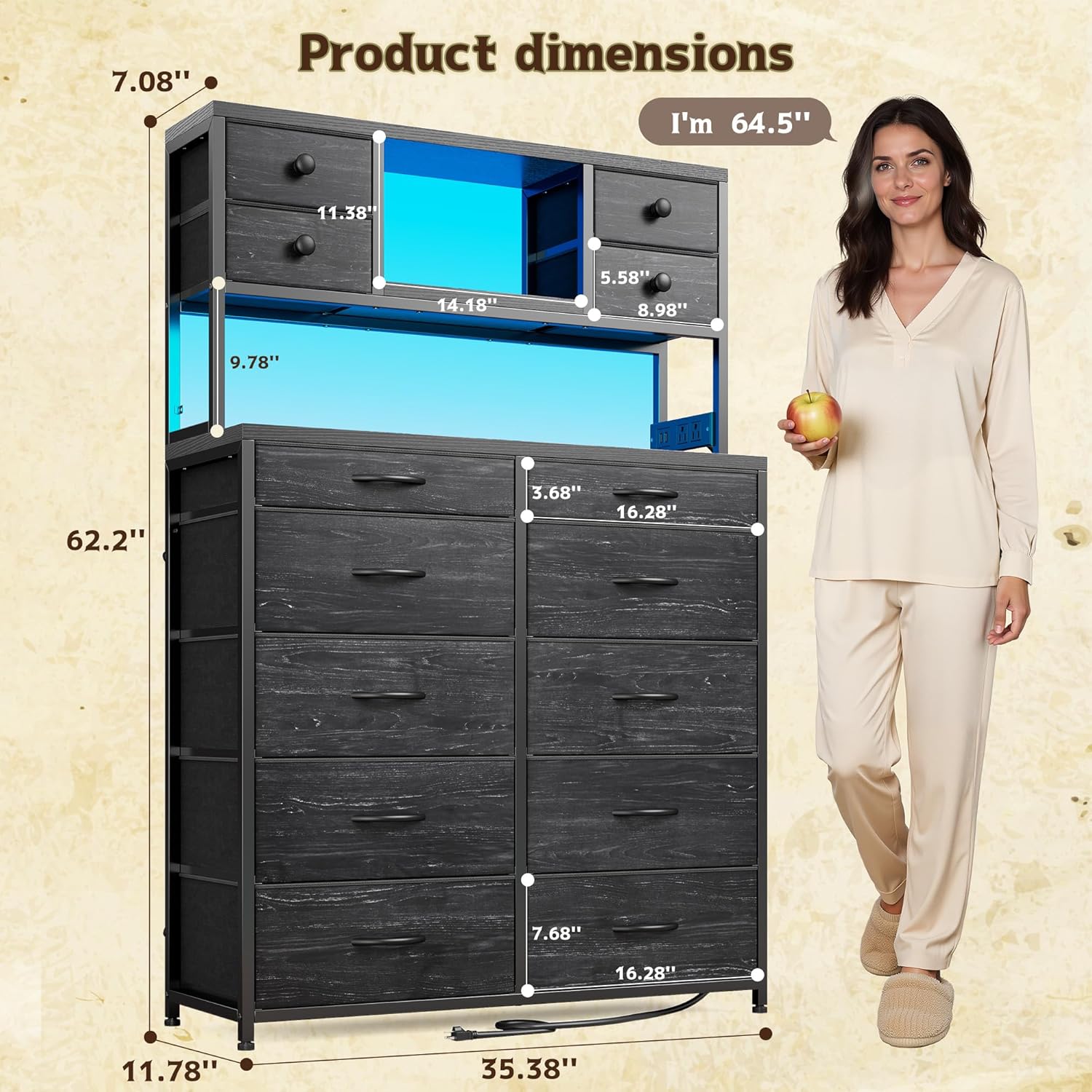 62“H Dresser for Bedroom with Large Drawers,Dressers & Chests of Drawers with LED Lights & Charging Station,Sturdy Bedroom Dresser with Open Storage Shelves, Wood Top,Steel Frame(Black)