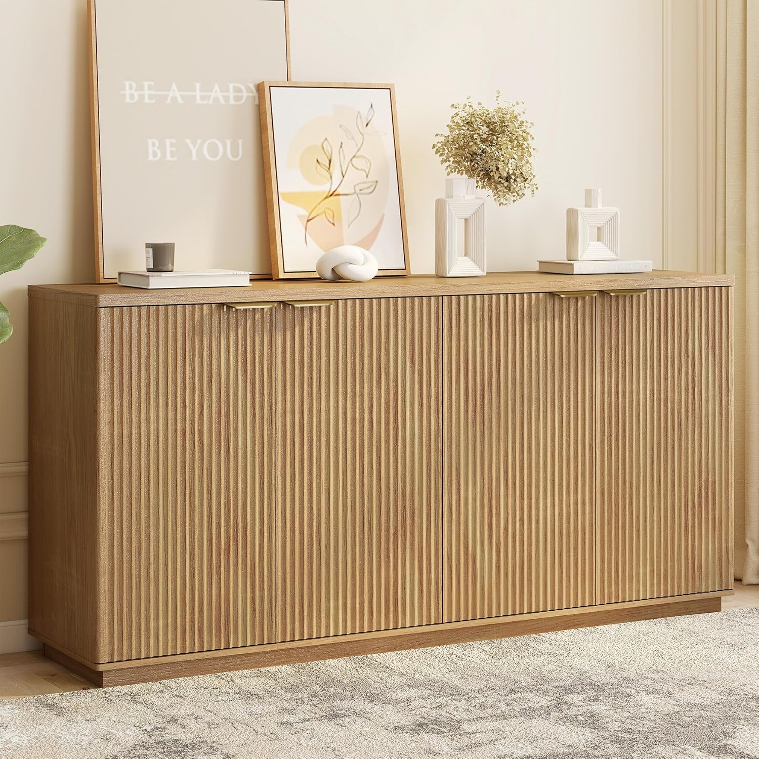 Fluted Sideboard Buffet Cabinet with Storage,63" Modern Credenza Storage Cabinet with Doors and Adjustable Shelves,Wooden Buffet Cabinet for Kitchen,Living Room,Natural Oak