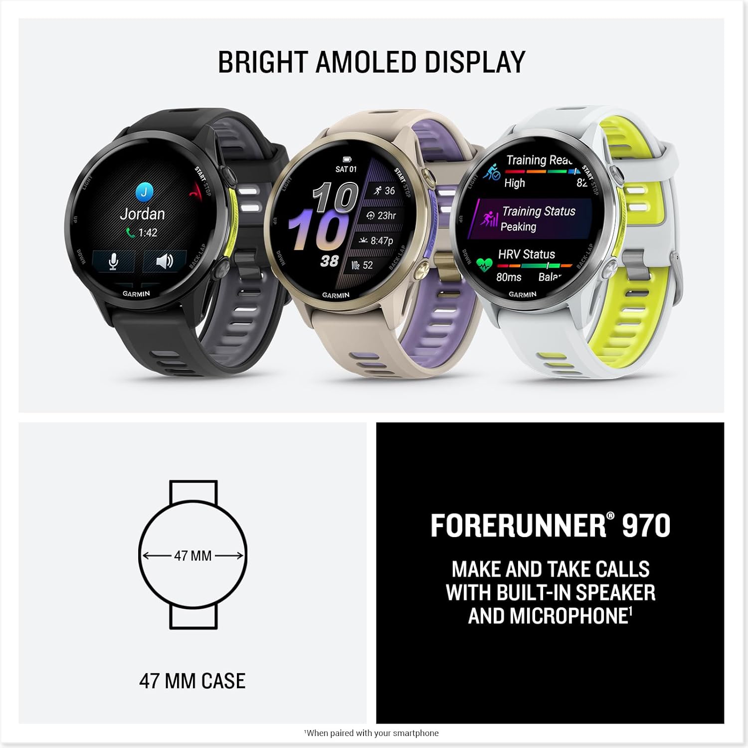 Garmin® Forerunner® 970  Premium GPS Running and Triathlon Smartwatch  AMOLED Display  Built-in LED Flashlight  Carbon Gray DLC Titanium with Black Case and Translucent Whitestone Band