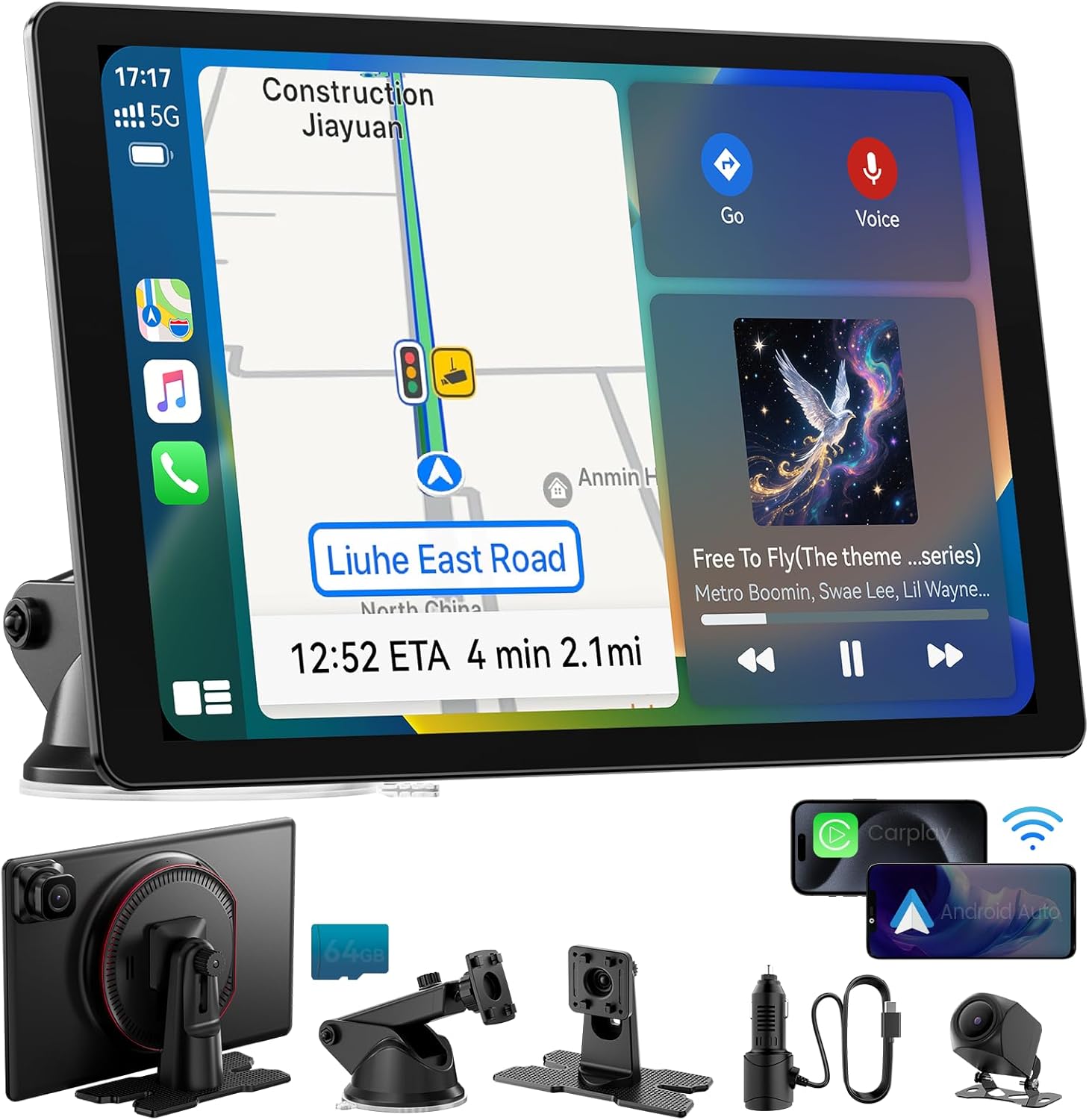 11" Extra Large Wireless Apple CarPlay Screen for Car – Ultra-Slim 0.16 Inch Touchscreen Car Stereo with Android Auto  4K Dash Cam  1080p Backup Camera  GPS  Mirror Link  Voice Control