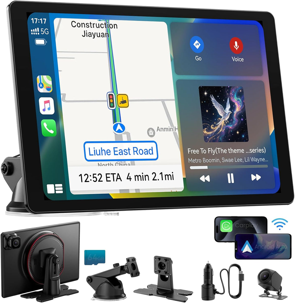 11" Extra Large Wireless Apple CarPlay Screen for Car – Ultra-Slim 0.16 Inch Touchscreen Car Stereo with Android Auto  4K Dash Cam  1080p Backup Camera  GPS  Mirror Link  Voice Control