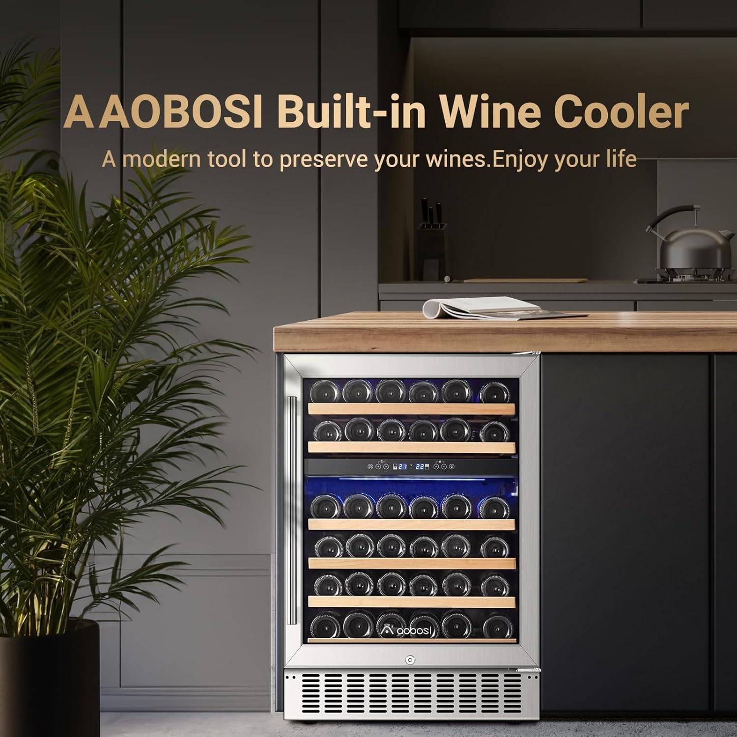 AAOBOSI 24 Inch Wine Cooler,46 Bottle -Dual Zone Built-in or Freestanding with Blue LED Light and Adjustable Shelves for Home,Kitchen or Office.