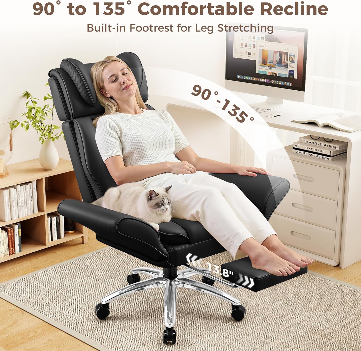 Big and Tall Office Chair, Flip Armrests for Pets & Cross Legged Sitting, Ergonomic Leather Executive Desk Chair with Foot Rest, High-Back Reclining Computer Chairs for Office Home Game - Black