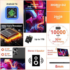 Tablet｜14 inch Android 16 Tablet｜30GB RAM 256GB ROM｜1920 * 1200 IPS FHD｜10000mAh 30W Fast Charging｜Octa-core Processor｜Wi-Fi 6, BT 5.4｜Dual Camera with Keyboard｜Mouse｜Stylus｜Case｜Headphone