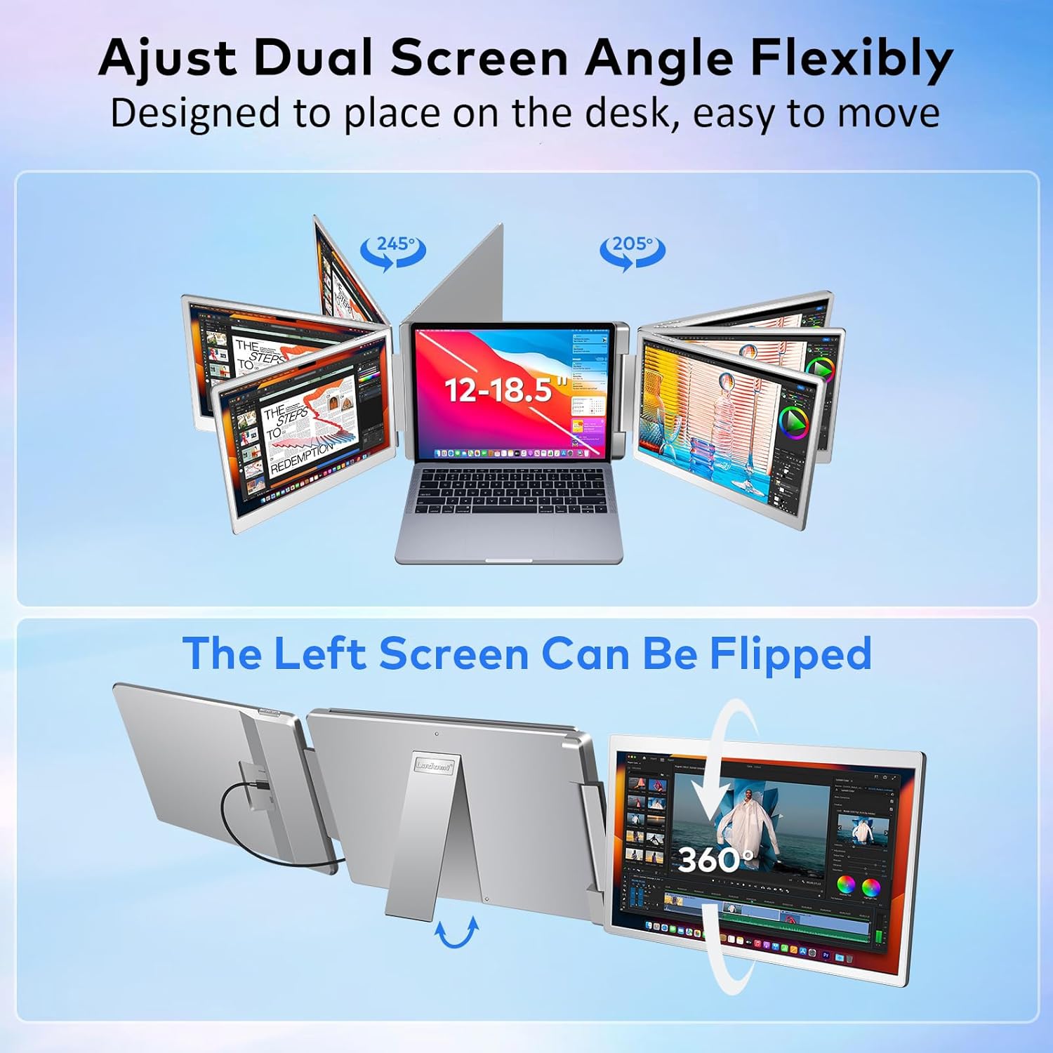 Laptop Screen Extender  15.6" FHD Laptop Monitor Extender  Triple Portable Monitor for 12"-18.5" Laptops  Plug & Play  360° Rotation Screen  Compatible with MacOS/Wins/Switch/Surface