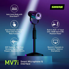 Shure MV7i Smart Microphone – USB-C & XLR Mic for Podcasting  Music & Streaming with Built-in Audio Interface  Auto Level Mode  Advanced DSP  All-Metal Design  Black