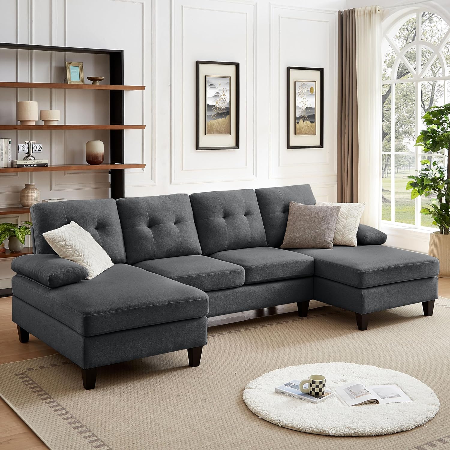 111" Sectional Couch for Living Room, Modern Polyester Fibre U Shaped Sofa Couches with Double Chaise, Upholstered 4 Seater Sofa for Living Room, Apartment, Office, Dark Grey