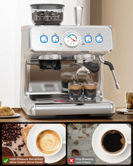 20 Bar Espresso Machine with Grinder & Milk Frother Steam Wand, 58mm Expresso Coffee machines, Stainless Steel Coffee Maker for Cappuccino and Latte, Perfect for Home and Café Use