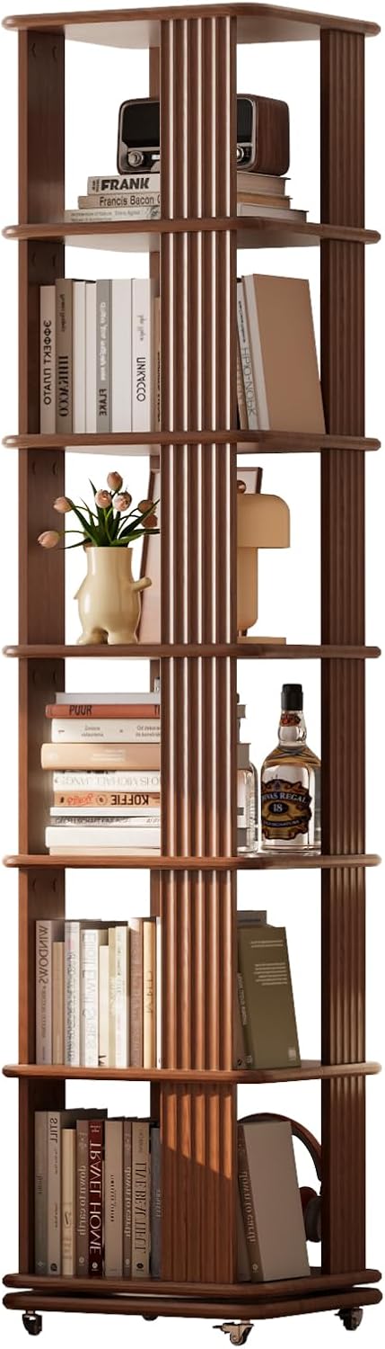 Solid Wood Rotating Bookshelf, 6-Tier Rolling Bookcase，360 Degree Revolving Bookshelf，Spinning Bookshelf Tower for Small Spaces, Bedroom，Office，Living Room，Classroom (Walnut)