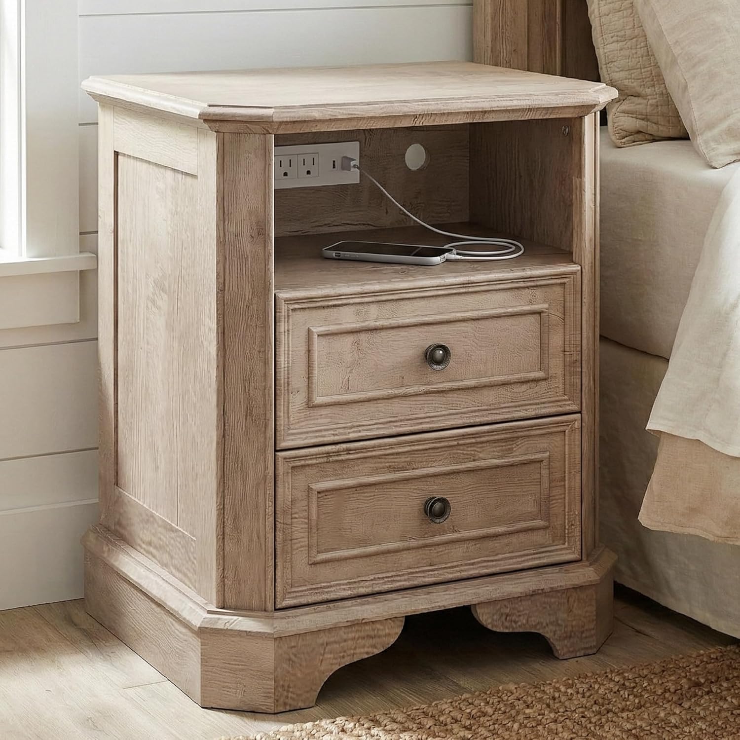 24" Greige Oak Nightstand with Charging Station, Set of 2 Rustic Farmhouse Bedside Table with 2 Drawers and Open Shelf, Distressed Wood End Table with Outlets and USB Ports