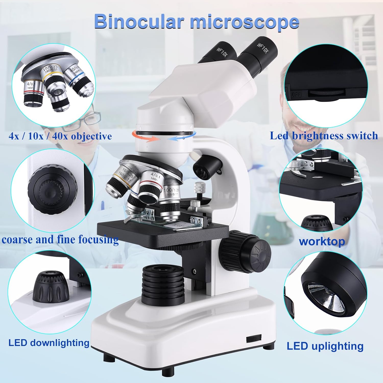 Compound Microscope，40X-2500X ，WF10x and WF25x eyepieces  Dual LED Lighting and Two-Layer Mechanical Stage，Microscope for Adults…