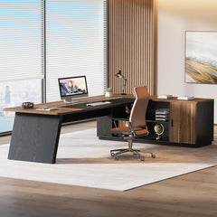 Tribesigns 79-Inch Executive Desk, Large Office Desk with Cabinet, L-Shaped Compter Desk with Storage Shelves, Writing Table for Home Office, Brown and Black