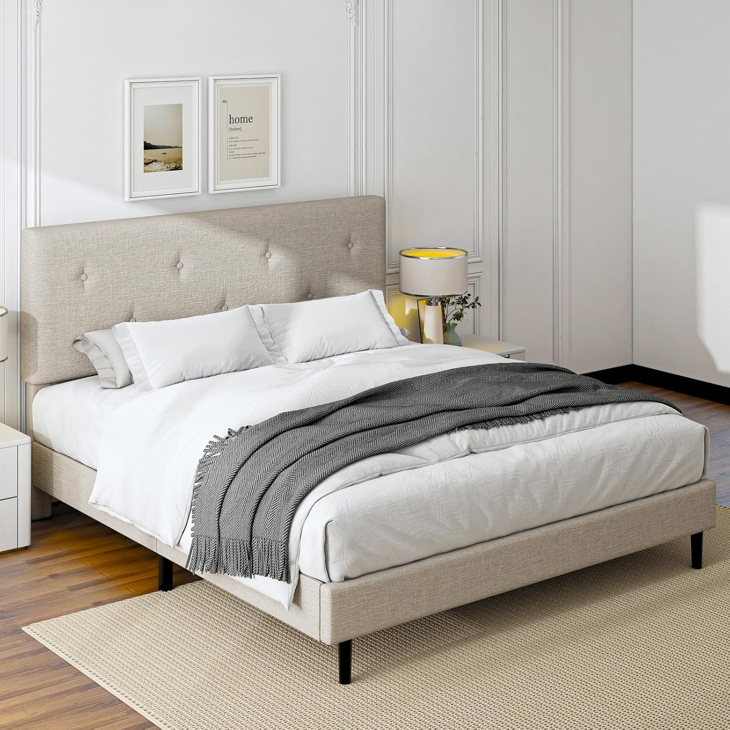 King Size Linen Bed Frame, Upholstered Platform Bed Frame with Adjustable Headboard, Wooden Slats Support, Easy Assembly, No Box Spring Needed, Beige