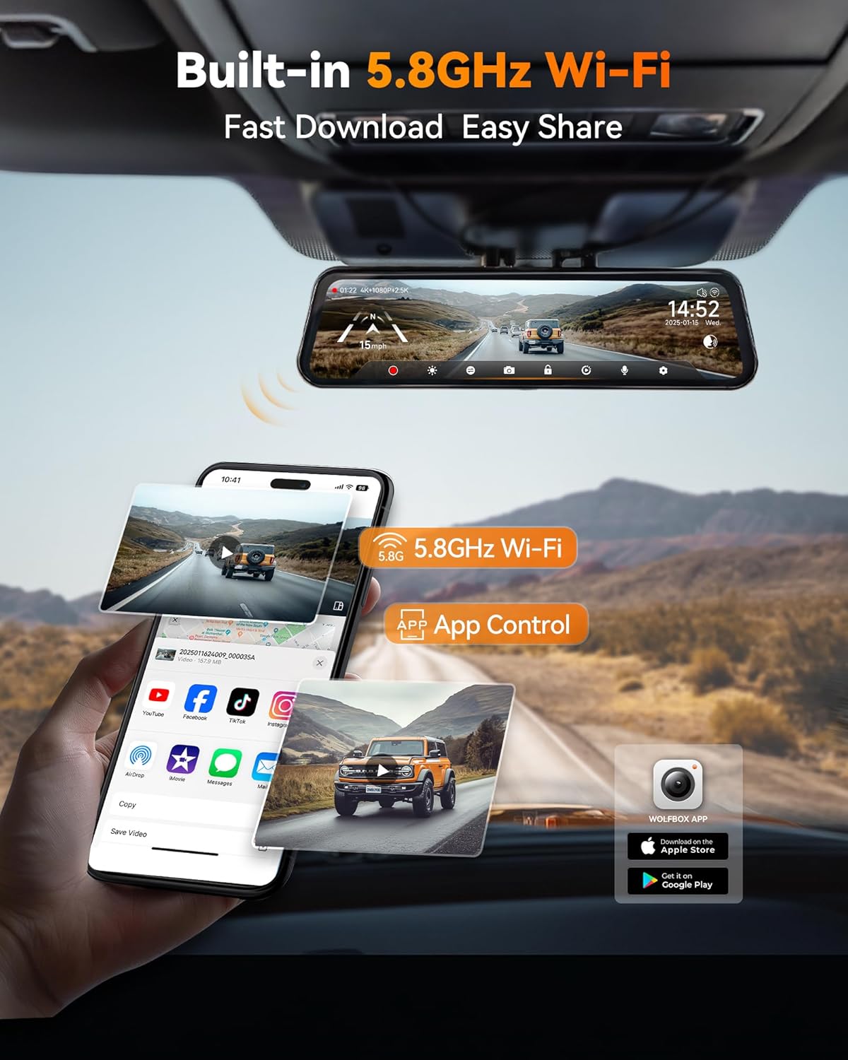 WOLFBOX G900 Tripro Bumper Version 3 Channel 4K Mirror Dash Cam  8MP STARVIS 2 IMX678 Night Vision  4K+2.5K+1080P Front and Rear Bumper Dash Cam  5.8GHz WiFi  Voice Control  Includes 256GB Card & GPS