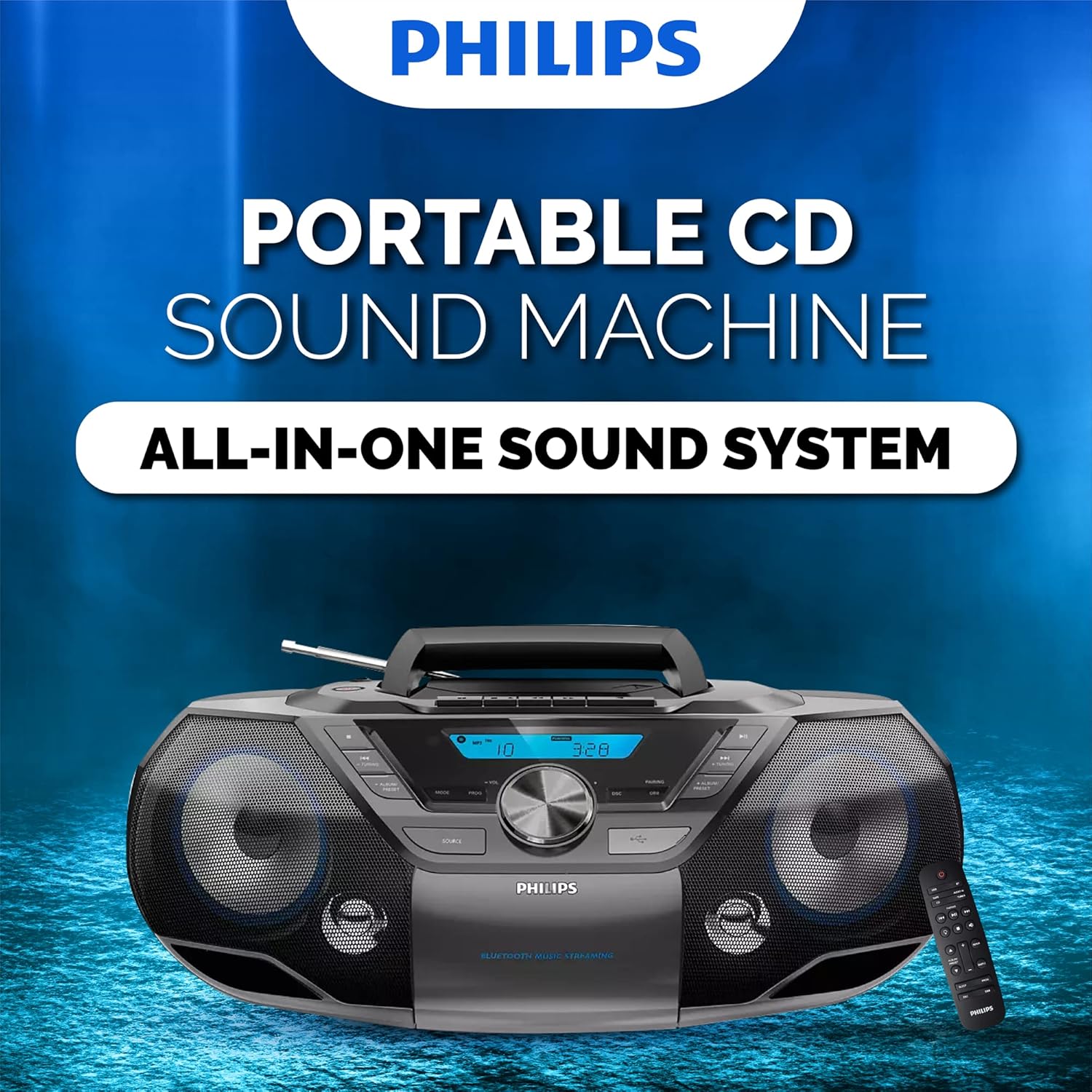 Philips Portable CD Player Boombox Bluetooth with Cassette Player All in one Powerful Stereo Boom Box CD Player for Home Mega Bass Reflex Speakers  Radio/USB/MP3/AUX Input with Backlight LCD Display
